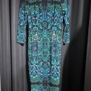 Long Sleeve Teal & Black Patterned Midi Dress - Women's